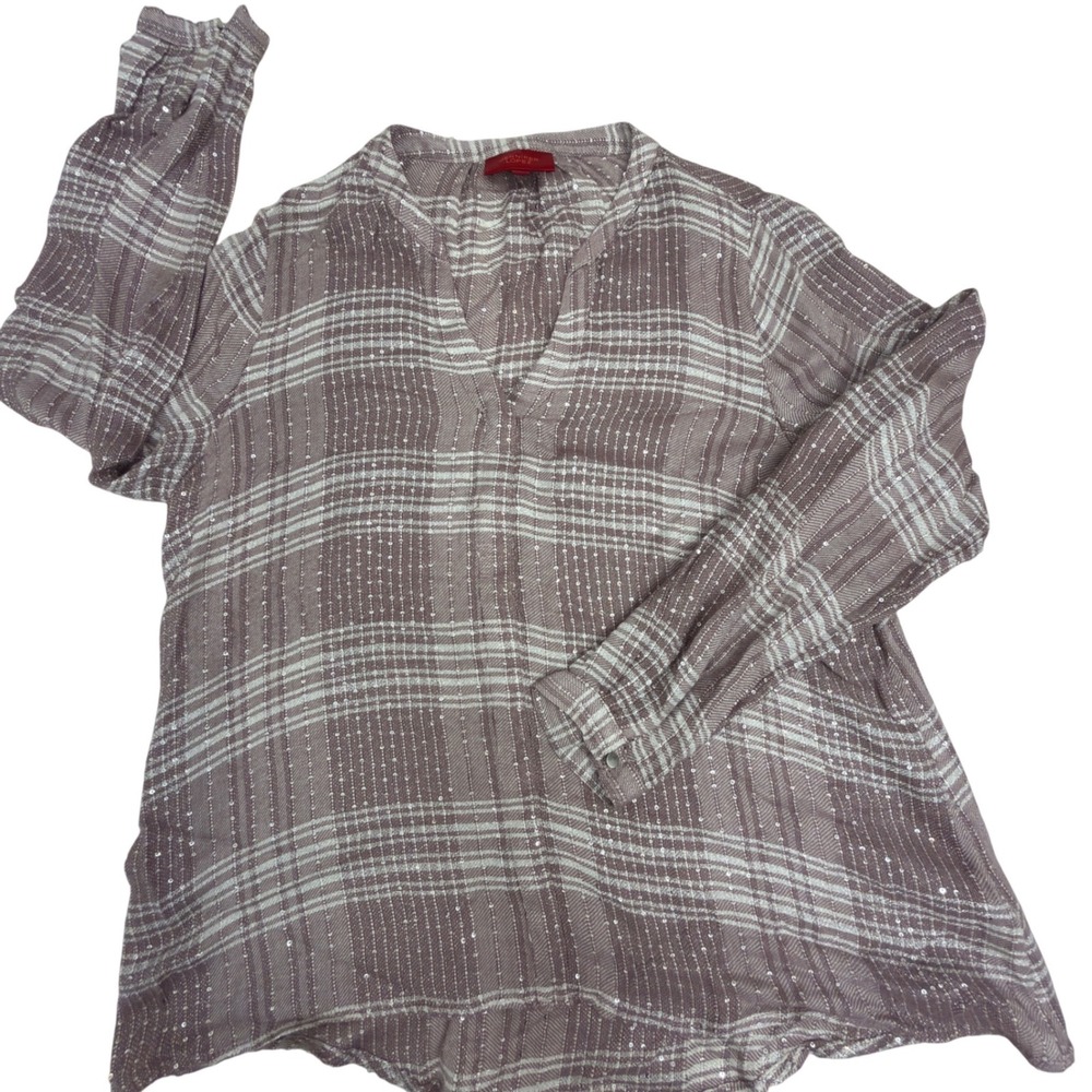 Jennifer Lopez Womens Mauve Plaid Sequin Metallic V-Neck Blouse Top Large RN7327